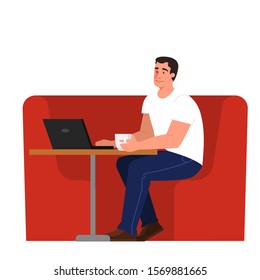 People with laptop computer. Character working on notebook. Man sitting at the desk. Isolated flat vector illustration