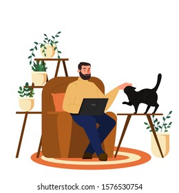 People with laptop computer. Character working on notebook. Man sitting in armchair at home. Isolated vector illustration