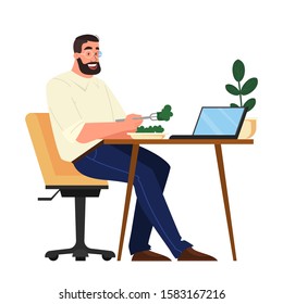 People with laptop computer. Character working on notebook. Man sitting at the table at home and having a lunch. Isolated vector illustration