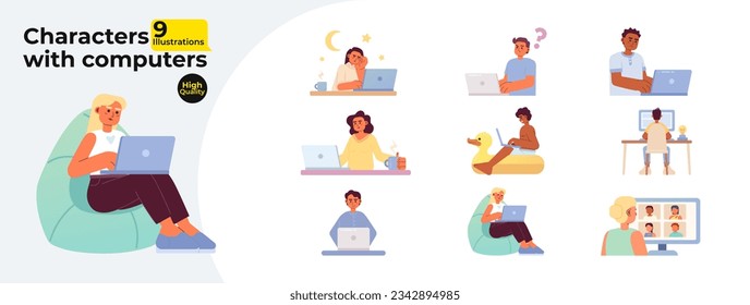 People with laptop computer flat concept vector spot illustrations bundle. Remote work from home 2D cartoon characters on white for web UI design. Isolated editable creative hero images collection