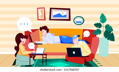People with laptop computer at home. Character working on notebook. Woman at the desk, freelancer on the couch. Cartoon vector illustration