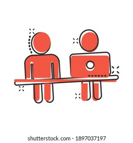 People with laptop computer icon in comic style. Pc user cartoon vector illustration on white isolated background. Office manager splash effect business concept.