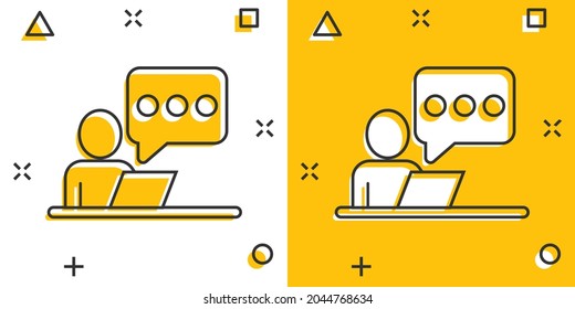 People with laptop computer icon in comic style. Pc user cartoon vector illustration on white isolated background. Office manager splash effect business concept.