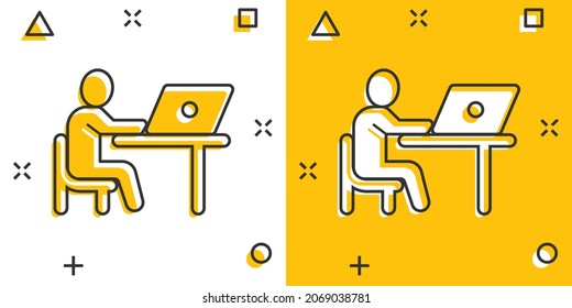 People With Laptop Computer Icon In Comic Style. Pc User Cartoon Vector Illustration On White Isolated Background. Office Manager Splash Effect Business Concept.