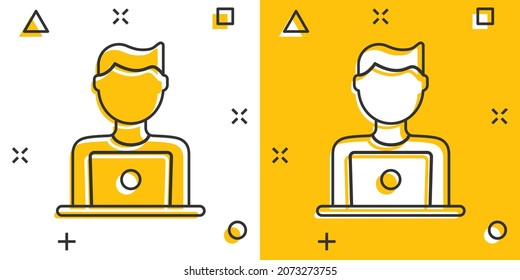 People with laptop computer icon in comic style. Pc user cartoon vector illustration on white isolated background. Office manager splash effect business concept.