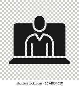 People with laptop computer icon in flat style. Pc user vector illustration on white isolated background. Office manager business concept.