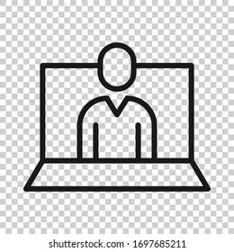 People with laptop computer icon in flat style. Pc user vector illustration on white isolated background. Office manager business concept.