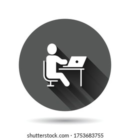 People with laptop computer icon in flat style. Pc user vector illustration on black round background with long shadow effect. Office manager circle button business concept.