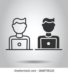 People with laptop computer icon in flat style. Pc user vector illustration on white isolated background. Office manager business concept.