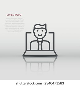 People with laptop computer icon in flat style. Pc user vector illustration on white isolated background. Office manager business concept.