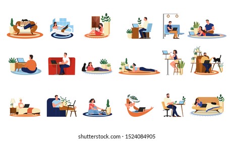 People with laptop computer set. Collection of character working on notebook. Woman at the desk, freelancer on the couch. Isolated flat vector illustration