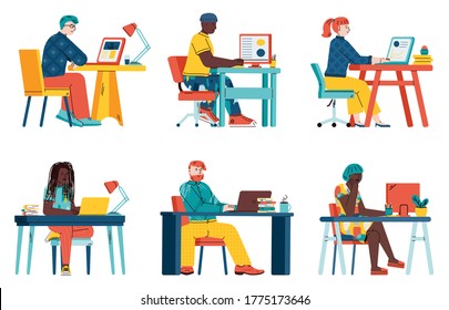 People with laptop computers behind office desk or table - isolated set of cartoon students learning. Online education concept - vector illustration on white background.