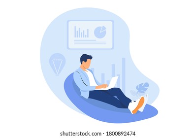 Personas con computadoras portátiles. Compartir vistas de caracteres. El hombre tendido en la silla suave. Ilustración vectorial aislada