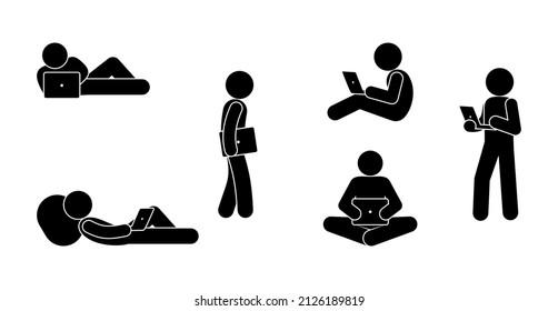people with laptop, man and personal computer, stick figure human silhouette, stickman isolated pictograms, pc user icon