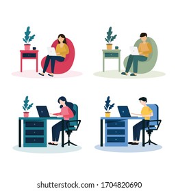 People with laptop on the chair or table. Staying and working at home. Remote work from home during Quarantine. Cute illustration in flat style.