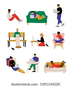 People with with Laptop Set, Young Men and Woman Working or Relaxing Using Computer Vector Illustration