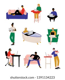 People with Laptop Set, Young Men and Woman Working or Relaxing Using Computer, Freelance or Social Network Concept Vector Illustration