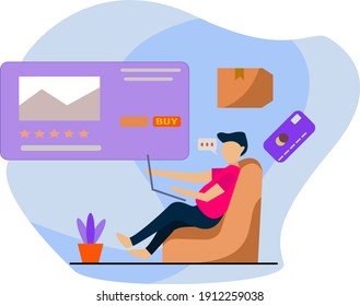 people, laptop, shopping, chair and plant. Illustration of a man shopping online via a laptop.