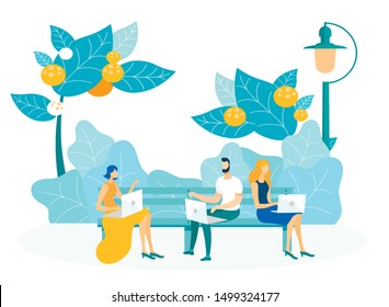 People with Laptops in Park Vector Illustration. Freelancers, Students, Office Workers Cartoon Characters. Man and Women Sitting on Bench Outdoors. Modern Recreation, Friends Communication