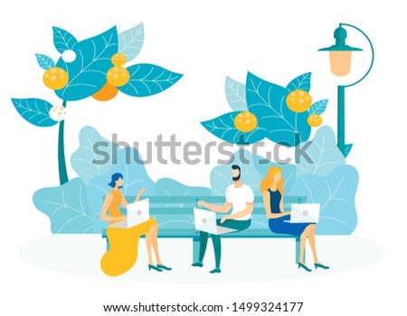 People with Laptops in Park Vector Illustration. Freelancers, Students, Office Workers Cartoon Characters. Man and Women Sitting on Bench Outdoors. Modern Recreation, Friends Communication