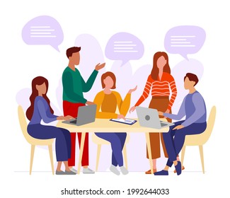 People with laptops and tablet at the meeting. Brainstorming and talking in the workplace with leadership team at conference table. Conversation with coworkers and colleagues. Flat vector illustration