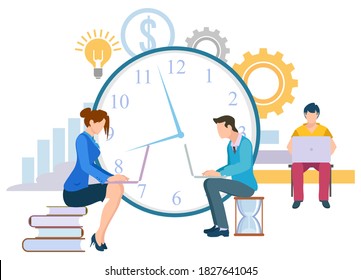 People with laptops vector, workers with computer programing coding man and woman sitting on books and hourglass. Deadline and time management clock