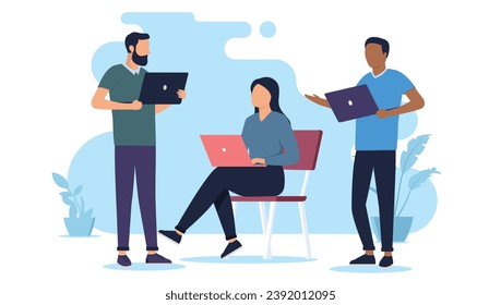 People with laptops working in office together, sitting and standing, having conversation about project and business. Flat design vector illustration graphic with white background