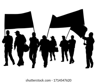 People of with large flags. Isolated silhouettes of people on a white background