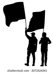People of with large flags. Isolated silhouettes of people on a white background