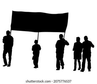 People of with large flags. Isolated silhouettes of people on a white background