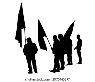 People of with large flags. Isolated silhouettes of people on a white background