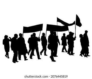 People of with large flags. Isolated silhouettes of people on a white background