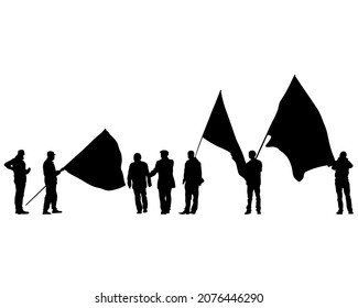 People of with large flags. Isolated silhouettes of people on a white background