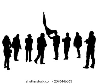 People of with large flags. Isolated silhouettes of people on a white background