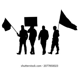 People of with large flags. Isolated silhouettes of people on a white background