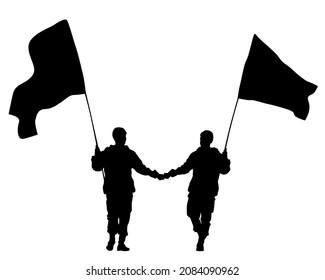 Gente con banderas grandes. Siluetas aisladas de personas de fondo blanco