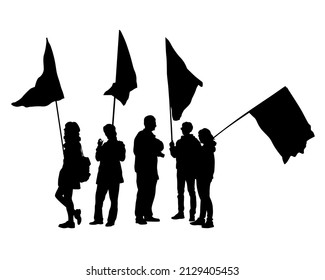 Menschen mit großen Flaggen. Isolierte Silhouetten von Menschen auf weißem Hintergrund