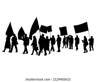 People of with large flags. Isolated silhouettes of people on a white background