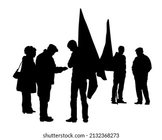 Menschen mit großen Flaggen. Isolierte Silhouetten von Menschen auf weißem Hintergrund