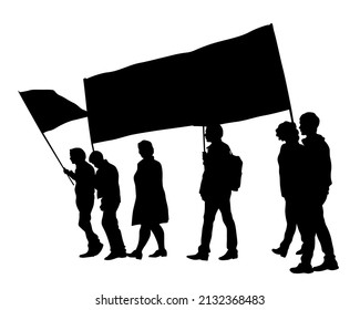 People of with large flags. Isolated silhouettes of people on a white background