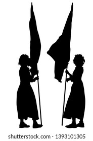 People of with large flags on white background
