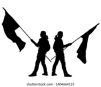 People with large flags on white background