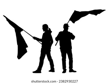 People of with large flags on white background