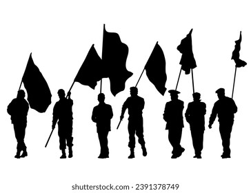 People of with large flags on white background