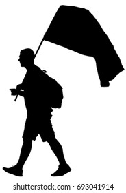 Menschen mit großen Flaggen auf weißem Hintergrund