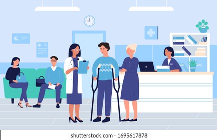 People in large intensive therapy hospital hall room flat vector illustration. Nurse works on laptop at counter, doctor talks with crutch guy and his mother, man and woman siting at sofa