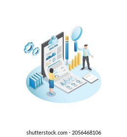 People with large magnifying glass work in analytics, view information, analyze received data, graphs, diagrams in reports, documents. SMM, SEO promotion on Internet. Isometric advertising setup.