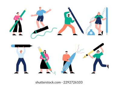 People with large pencil pen and marker. Giant pencils and tiny person. Office business characters, writing plans or blogging sapid vector set