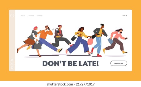 People Late in Office Landing Page Template. Characters Hurry at Work due to Oversleep or Traffic Jam. Businessmen, Businesswomen or Students Run with Bags and Coffee. Cartoon Vector Illustration