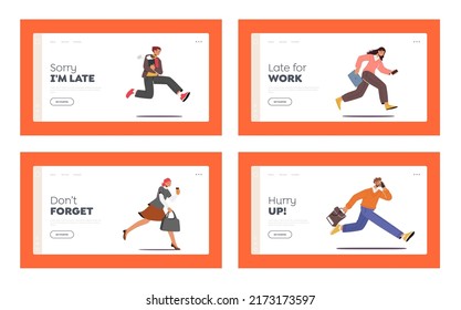 People Late in Office Landing Page Template Set. Characters Hurry at Work due to Oversleep or Traffic Jam. Businessmen, Businesswomen or Students Run with Bags and Coffee. Cartoon Vector Illustration